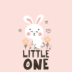 Cute rabbit themed greeting card with bunny character and flowers with lettering little one on pink background for children