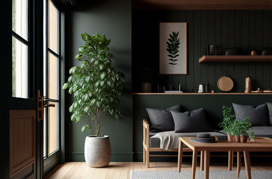 Minimalist and aesthetic dark green living room design with scandinavian style created with Generative AI