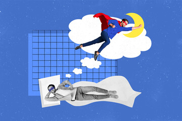 Creative photo 3d collage artwork poster postcard of positive man sleeping enjoy nice dreams...