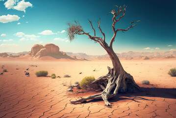 Arid landscape with dead tree  on cracked dried soil, drought ecological problem concept. Generative AI illustration - obrazy, fototapety, plakaty