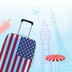  Suitcase with US flag. 3d vector banner. Space for copying.