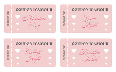 coupons for lovers. tickets for valentine's day. Set of love coupons with wishes.