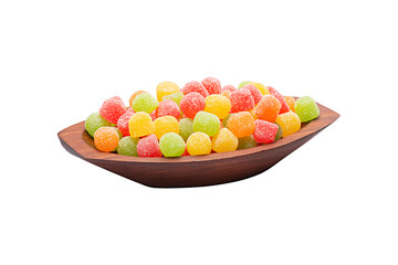 Gum bullets also called jelly beans. Sweets typical of the Junina Party in Brazil. Traditional Brazilian food in wooden bowl, sweet festa junina. White background for clipping. Without shadow