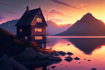 Old wooden house near lake against beautiful mountains at sunset. 
Digitally generated AI image
