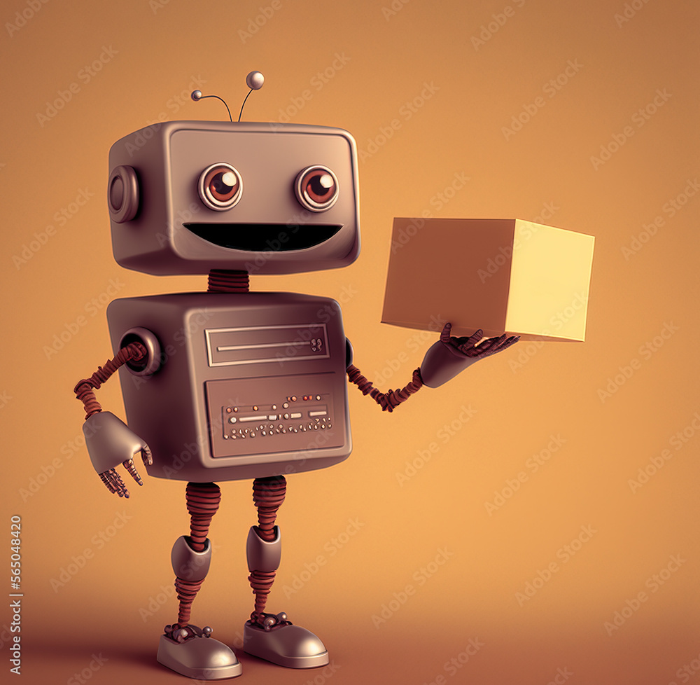 Poster retro robot holding a blank cardboard box over yellow background with copy space, generative ai illu