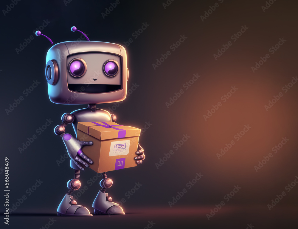 Poster smiling delivery robot holding a box over dark background with copy space, generative ai illustratio