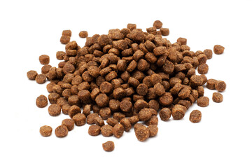 Scattered cat food isolated on a white background. A lot of feed