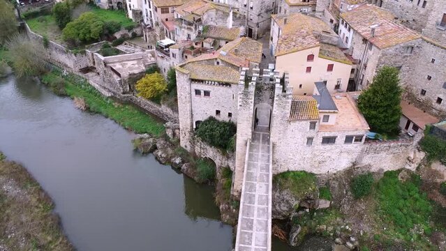 Aerial view of the entrance bridge of Besal&uacute; ih Catalonia, Spain.