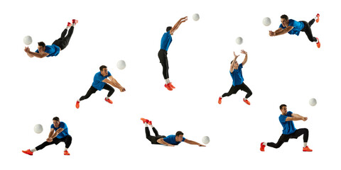 Fototapeta na wymiar Collage. Dynamic studio shots of man, professional volleyball player in blue uniform training playing isolated over white background. Concept of sport, competition, achievements, hobby, action