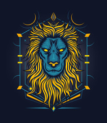King lion head t shirt illustration on sacred geometry background