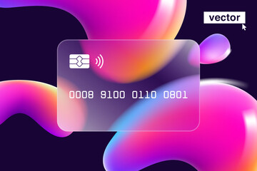 Glass morphism credit card template with floating multicolor rainbow shapes.