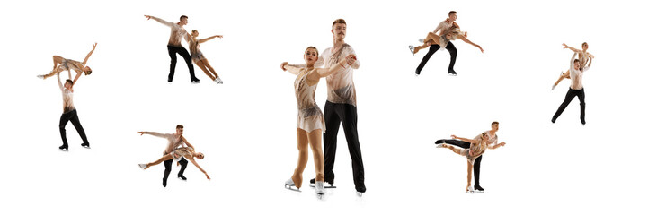 Collage. Man and woman, professional sportsmen, figure skaters training over white studio background. Duo figure skating activity. Concept of sport, competition, performance, beauty of movements