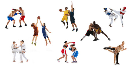 Collage. Pair sports. Dynamic studio shots of people training isolated on white background. Concept of motion, action, active lifestyle, challenges. MMA, fencing, basketball, figure skating