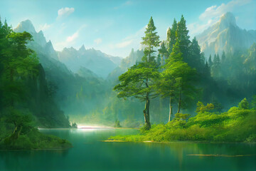 big tree calm river forest mountain wall Generative AI Content by Midjourney