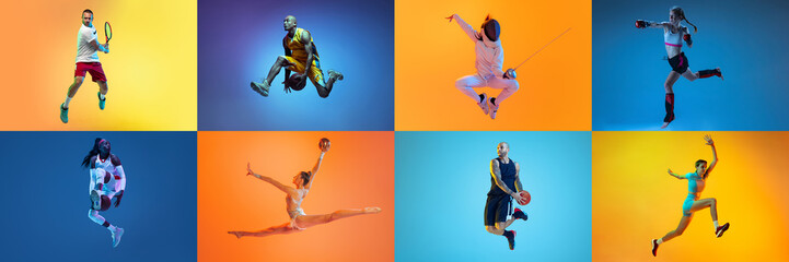 Collage. Dynamic shots of different people in a jump, training isolated over multicolored background in neon. Concept of sport, challenges, achievements. Basketball, tennis, mma, boxing, fencing - obrazy, fototapety, plakaty