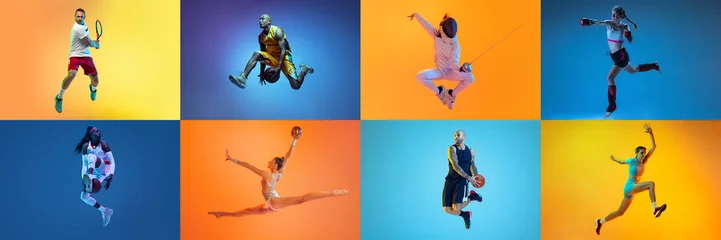 Foto op Plexiglas Collage. Dynamic shots of different people in a jump, training isolated over multicolored background in neon. Concept of sport, challenges, achievements. Basketball, tennis, mma, boxing, fencing © master1305