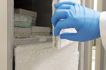 Scientist's hand with blue gloves taking frozen clinical samples