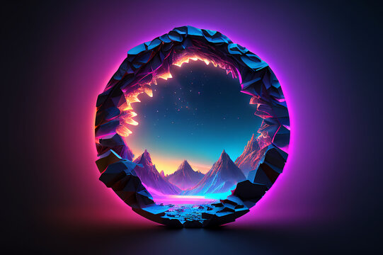 Portal to another reality. Blinders landscape behind. Neon colors and style. Generative AI	