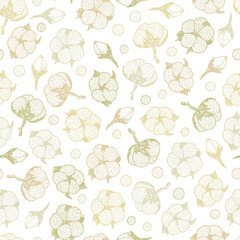 Hand drawn floral background with cotton plants. Seamless vector pattern.