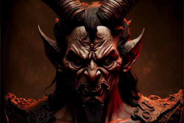 Satan Devil Lucifer with horns, evil look with smile showing teeth, generative ai