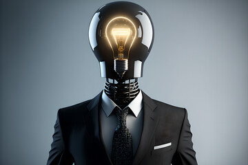 A Man with Bulb Glowing Head Look Like Have an Idea, Critical Thinking, Bright, Clever and Quick-witted in Business Suit