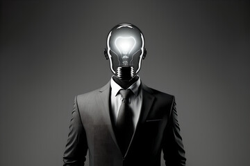 A Man with Bulb Glowing Head Look Like Have an Idea, Critical Thinking, Bright, Clever and Quick-witted in Business Suit - obrazy, fototapety, plakaty