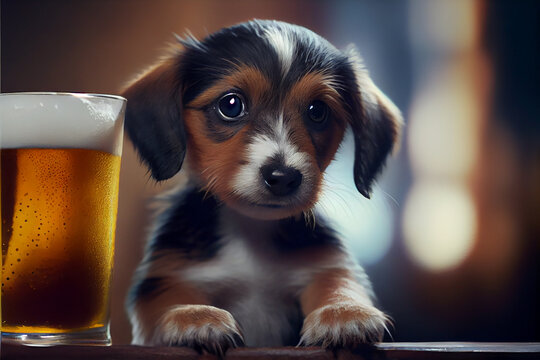 Cute puppy with a pint of beer, drinking beer, dog, canine, blurry background, high resolution generative ai