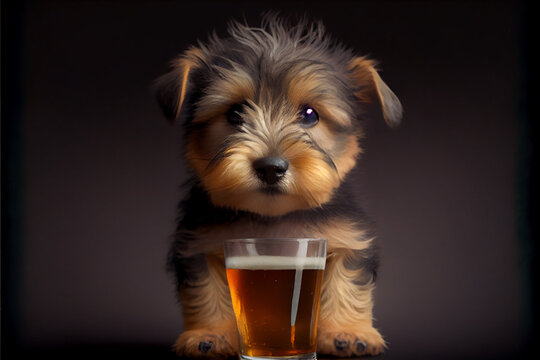 Cute puppy drinking beer, pint of beer, glass, clear background, high resolution generative ai