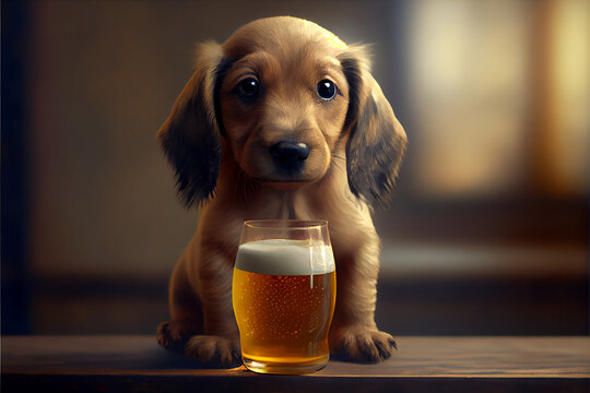 Cute puppy drinking a pint of beer, cute dog with a glass of beer, high resolution generative ai