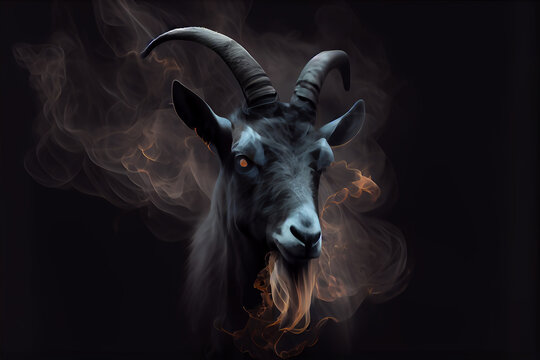 Goat with horns on a black background surrounded by smoke, high resolution generative ai
