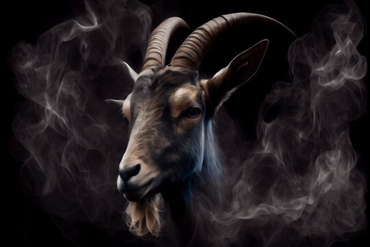 Goat with horns on a black background surrounded by smoke, high resolution generative ai