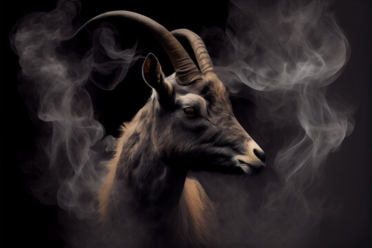 Goat with horns on a black background surrounded by smoke, high resolution generative ai