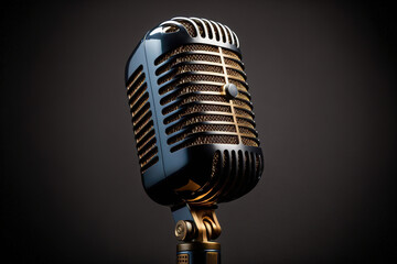 Close-up at a high performance dynamic microphone, isolated on black background. Generative Ai image.