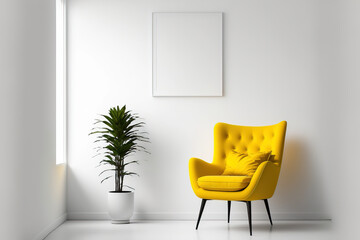 A bright yellow modern design armchair in white minimal living room, interior decoration style. Generative Ai image.