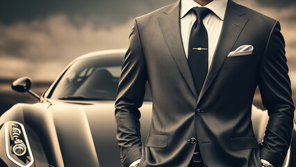 A rich guy in formal business suit which is standing in front of a supercar, successful businessman concept. Generative Ai image. - obrazy, fototapety, plakaty