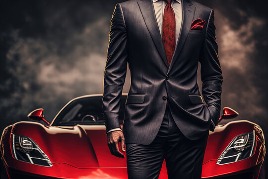 A rich guy in formal business suit which is standing in front of a supercar, successful businessman concept. Generative Ai image.