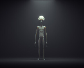 Alien on dark foggy background. Unknown and ufo concept.