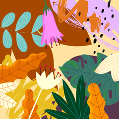 Colorful modern tropical art abstract and artistic flowers, leaves vector illustration. Design for fashionable, textile, fabric, poster, cover and background.