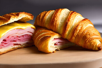 croissant with cheese and ham on a wooden table