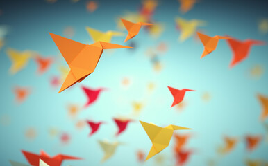Origami birds are flying.
