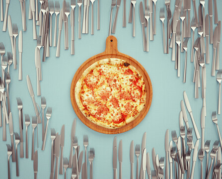 Pizza on wooden chopping board, rustic background.