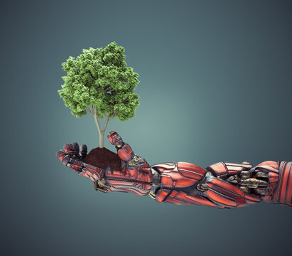 Robot hand holding a tree grounded with soil.