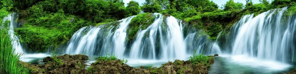 Fototapeta na wymiar Gorgeous tropical waterfall - panoramic photorealistic illustration of rushing waters falling from a grass and plant-covered cliff into a pool of water below by generative AI