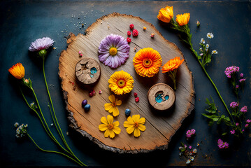 Spring flowers arrangement on rustic wood, vintage, wood texture, colorful, KI