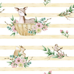 Watercolor seamless pattern with yellow strips, deer, squirrel, bird, flowers, leaves. Isolated on white background. Hand drawn clipart. Perfect for card, textile, tags, invitation, printing, wrap.