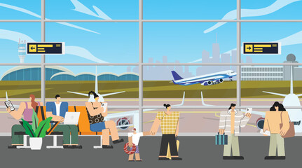 Airport departure area  tourists with luggage waiting relaxing in departure hall terminal for boarding plane departure, travelers aircraft