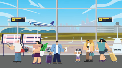 Airport departure area  tourists with luggage waiting relaxing in departure hall terminal for boarding plane departure, travelers aircraft