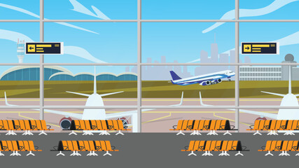 Airport departure area  tourists with luggage waiting relaxing in departure hall terminal for boarding plane departure, travelers aircraft