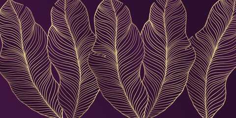 Luxury vector background with golden feathers on a dark purple background for wallpapers, designs, decor