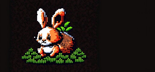 Fototapeta premium Pixel art easter bunny on black background with copy space, background in retro style for 8 bit game, Generative AI 